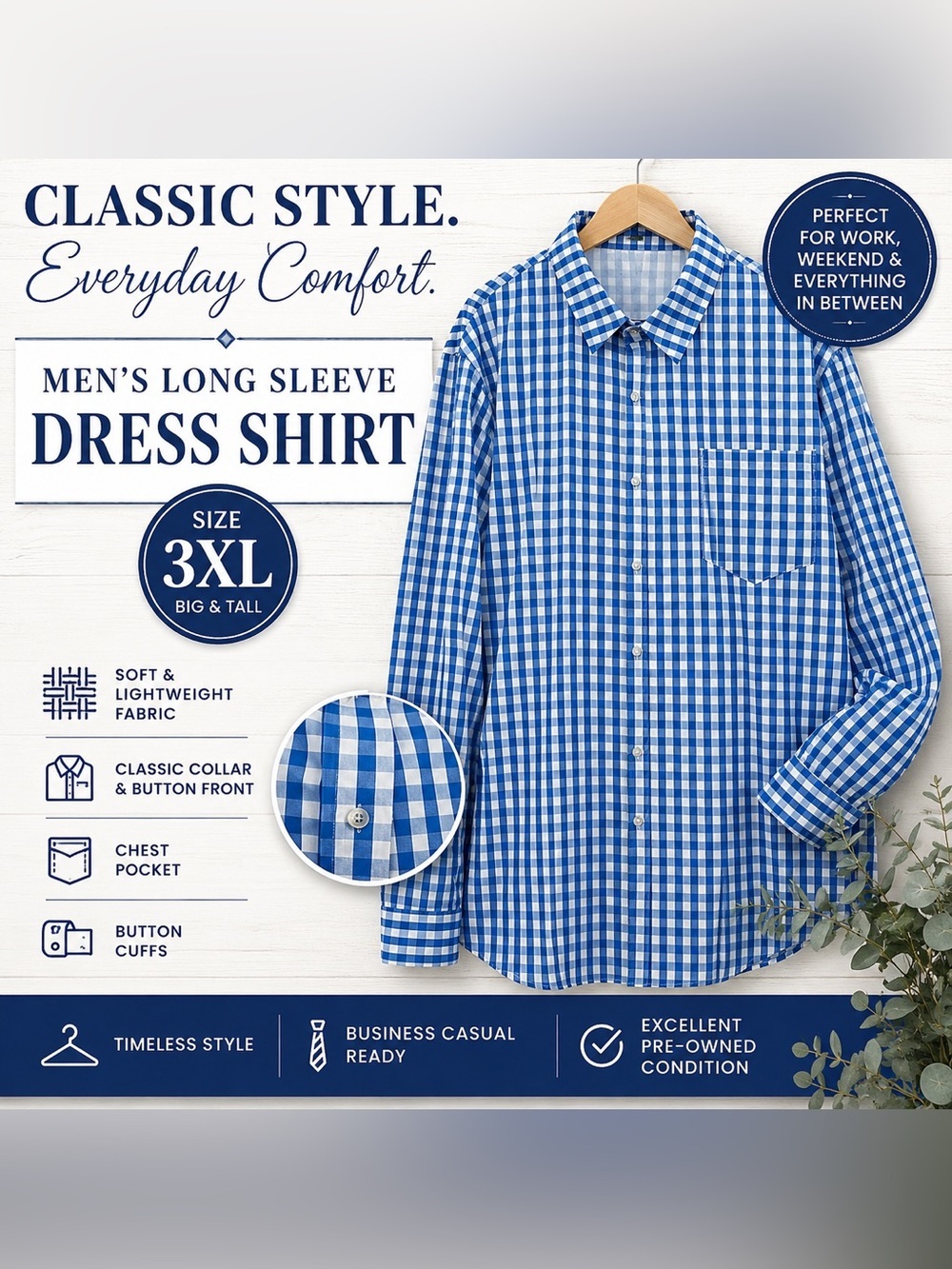 Mens Blue White Gingham Button Front Dress Shirt 3XL Long Sleeve
